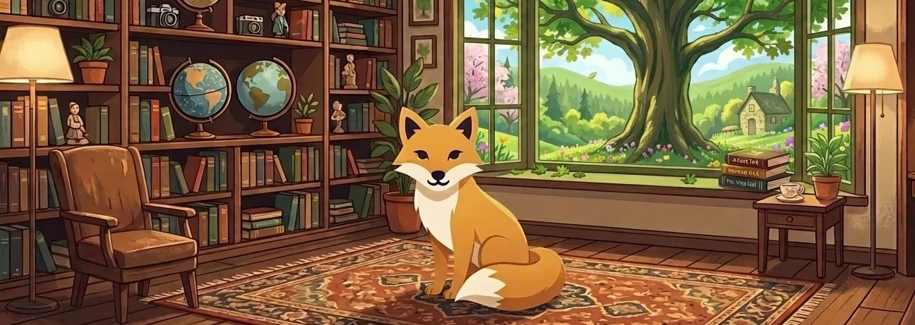 Foxy the fox reading in a cozy library