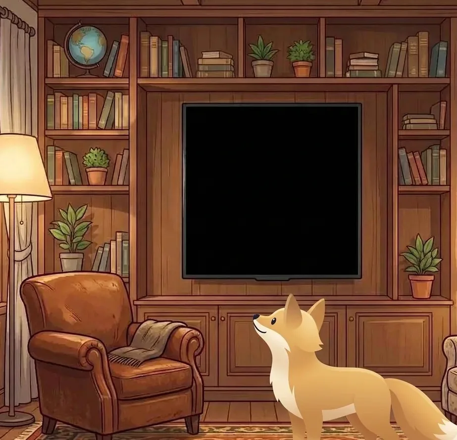A fox watching FoxLeaf-generated illustrations on a TV